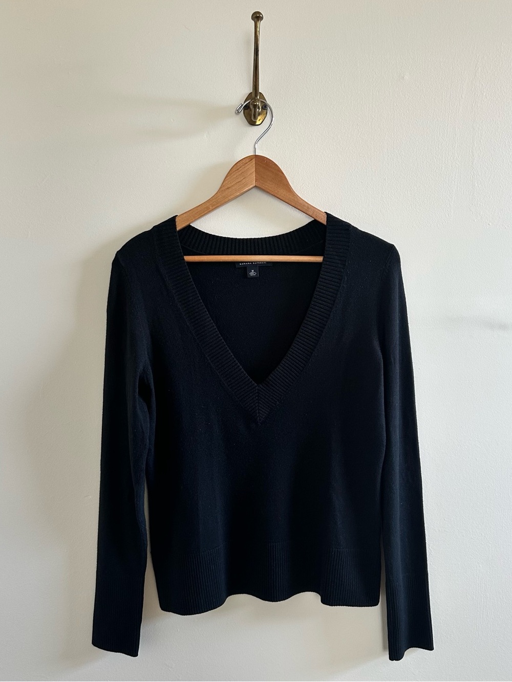 Silk blend VNeck varsity style black sweater- M